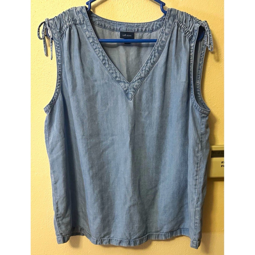 J. Jill Women's Blue denim Solid V-Neck Sleeveless Drawstring Blouse Top L